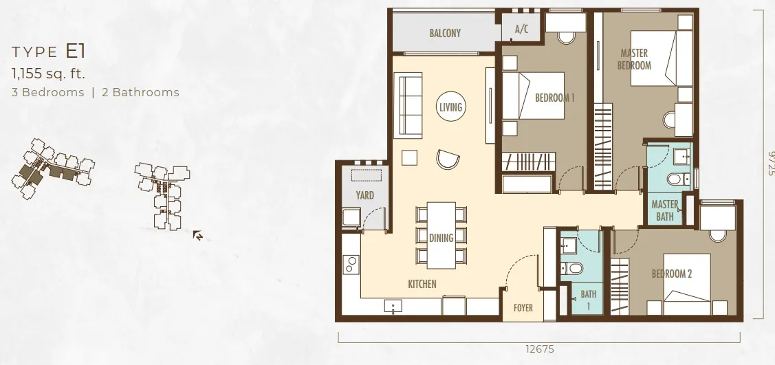 Ayanna Type E1 floor plan, about 1155 sq ft, 3 bedrooms, 2 bathrooms