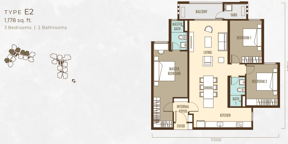 Ayanna Type E2 floor plan, about 1178 sq ft, 3 bedrooms, 2 bathrooms