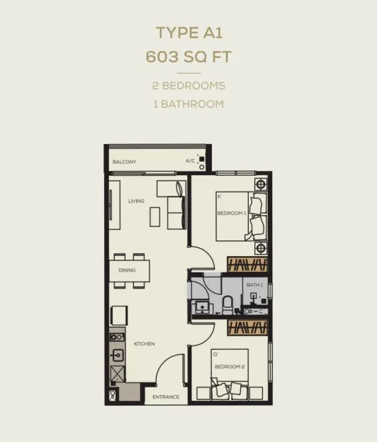 BambooHill Type A1 floor plan, about 603 sq ft, 2 bedrooms, 1 bathroom