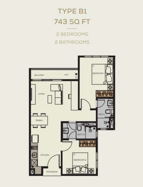 BambooHill Type B1 floor plan, about 743 sq ft, 2 bedrooms, 2 bathrooms