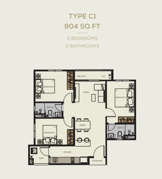 BambooHill Type B1 floor plan, about 743 sq ft, 2 bedrooms, 2 bathrooms