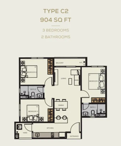 BambooHill Type C1 floor plan, about 904 sq ft, 3 bedrooms, 2 bathrooms