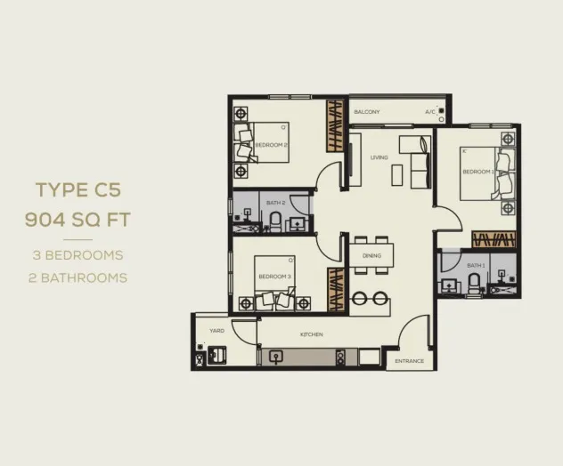 BambooHill Type C5 floor plan, about 904 sq ft, 3 bedrooms, 2 bathrooms