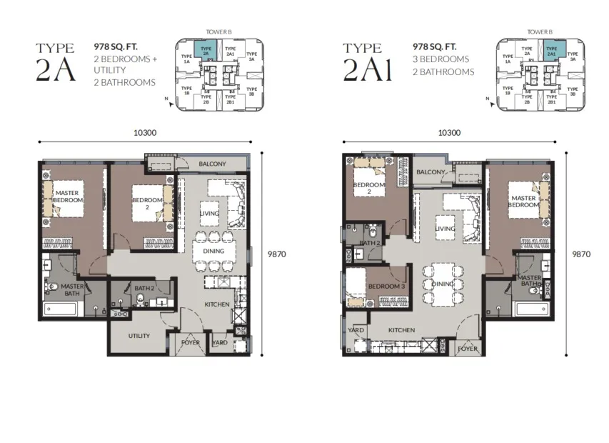 Bangsar Hill Park – Tower B and C Type 2A(Tower B) floor plan, about 978 sq ft, 2 bathrooms