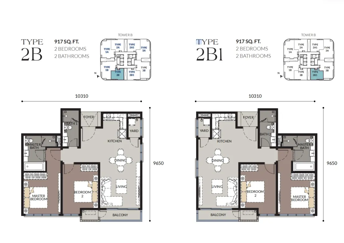 Bangsar Hill Park – Tower B and C Type 2B(Tower B) floor plan, about 917 sq ft, 2 bedrooms, 2 bathrooms
