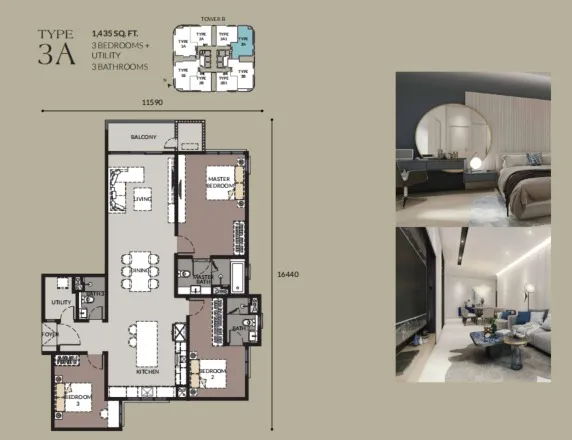 Bangsar Hill Park – Tower B and C Type 3A(Tower B) floor plan, about 1435 sq ft, 3 bathrooms