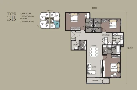 Bangsar Hill Park – Tower B and C Type 3B(Tower B) floor plan, about 1478 sq ft, 4 bathrooms