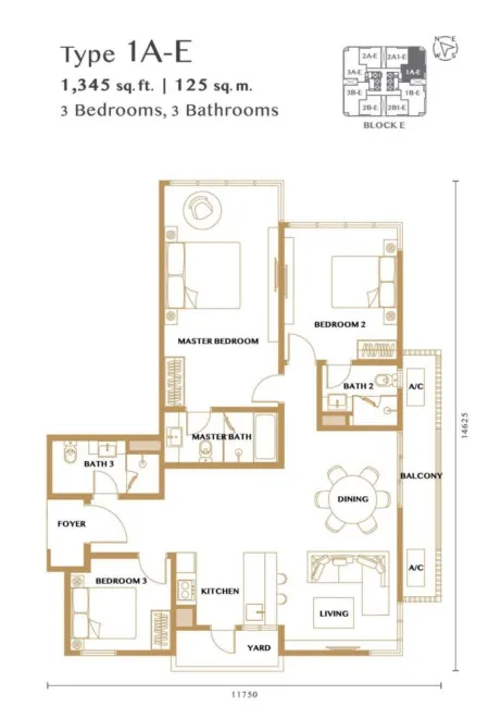 Bangsar Hill Park – Verdura (Tower D and E) Type 1A-E floor plan, about 1345 sq ft, 3 bedrooms, 3 bathrooms