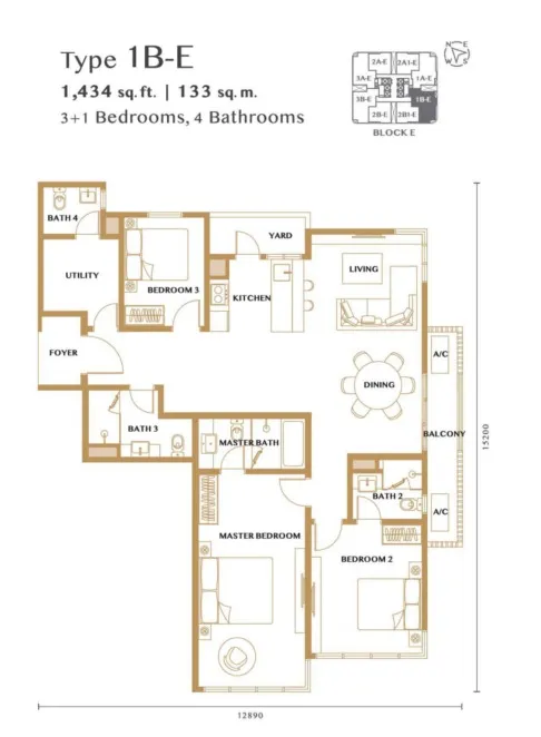 Bangsar Hill Park – Verdura (Tower D and E) Type 1B-E floor plan, about 1434 sq ft, 4 bathrooms