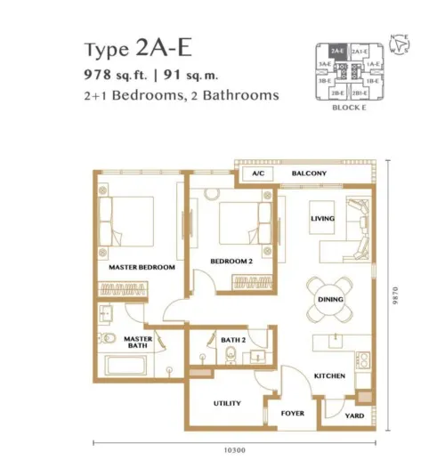 Bangsar Hill Park – Verdura (Tower D and E) Type 2A1-E floor plan, about 978 sq ft, 2 bathrooms