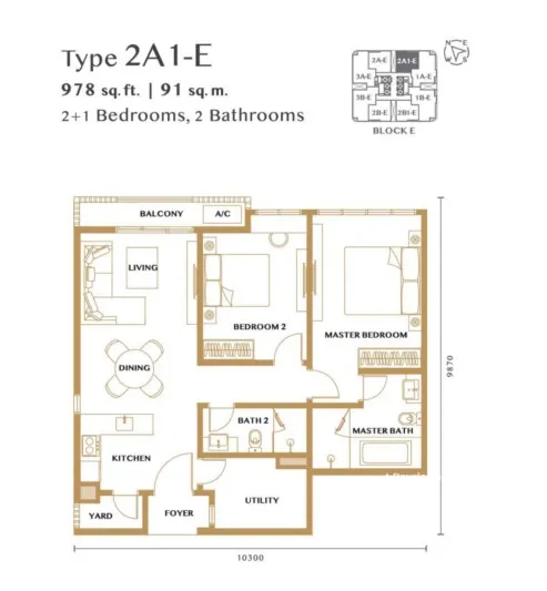 Bangsar Hill Park – Verdura (Tower D and E) Type 2A1-E floor plan, about 978 sq ft, 2 bathrooms
