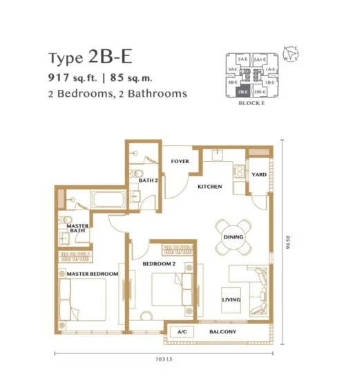 Bangsar Hill Park – Verdura (Tower D and E) Type 2B1-E floor plan, about 917 sq ft, 2 bedrooms, 2 bathrooms