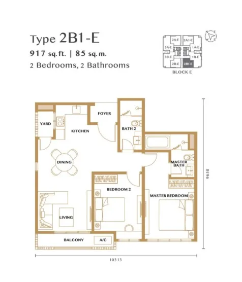 Bangsar Hill Park – Verdura (Tower D and E) Type 2B1-E floor plan, about 917 sq ft, 2 bedrooms, 2 bathrooms
