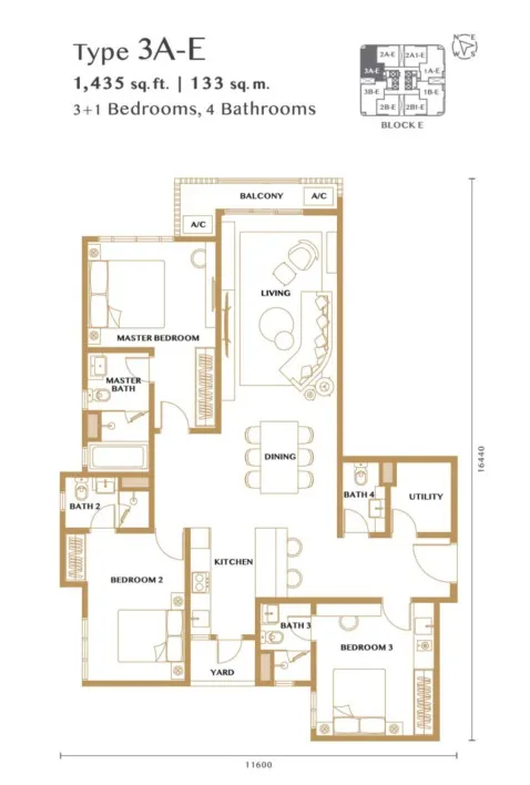 Bangsar Hill Park – Verdura (Tower D and E) Type 3A-E(Dual Key able) floor plan, about 1435 sq ft, 4 bathrooms