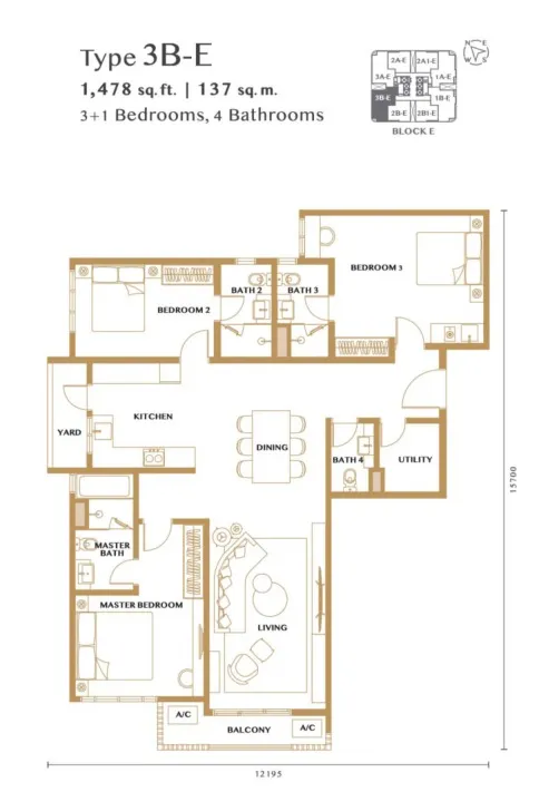 Bangsar Hill Park – Verdura (Tower D and E) Type 3B-E(Dual Key able) floor plan, about 1478 sq ft, 4 bathrooms