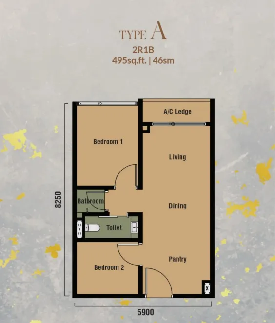 Branniganz Type A floor plan, about 495 sq ft, 2 bedrooms, 1 bathroom