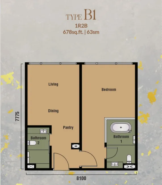 Branniganz Type B1(Dual Key) floor plan, about 678 sq ft, 1 bedroom, 2 bathrooms