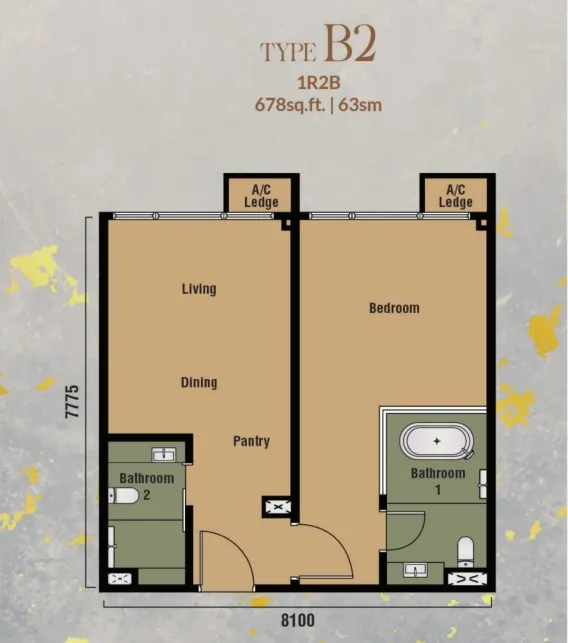 Branniganz Type B2(Dual Key) floor plan, about 678 sq ft, 1 bedroom, 2 bathrooms