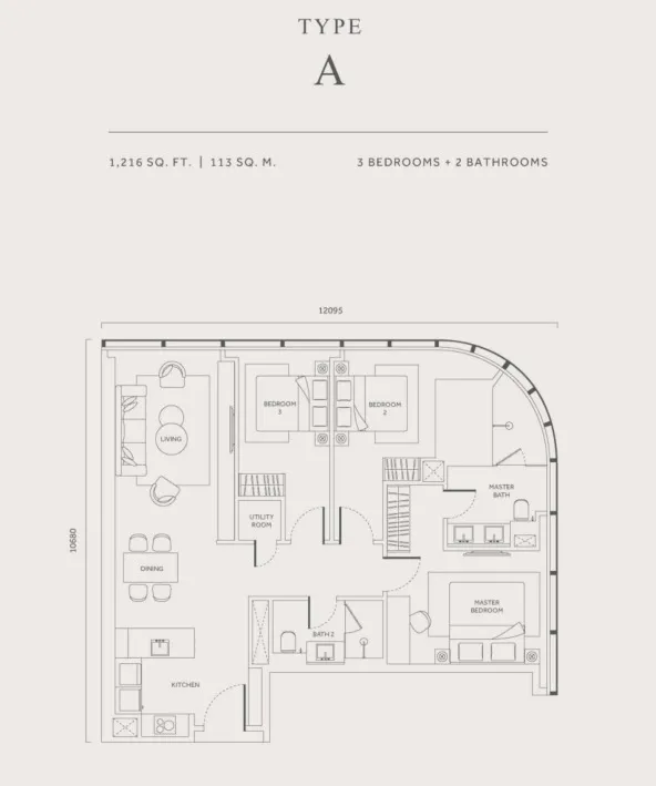 CloutHaus Type A floor plan, about 1216 sq ft, 3 bedrooms, 2 bathrooms