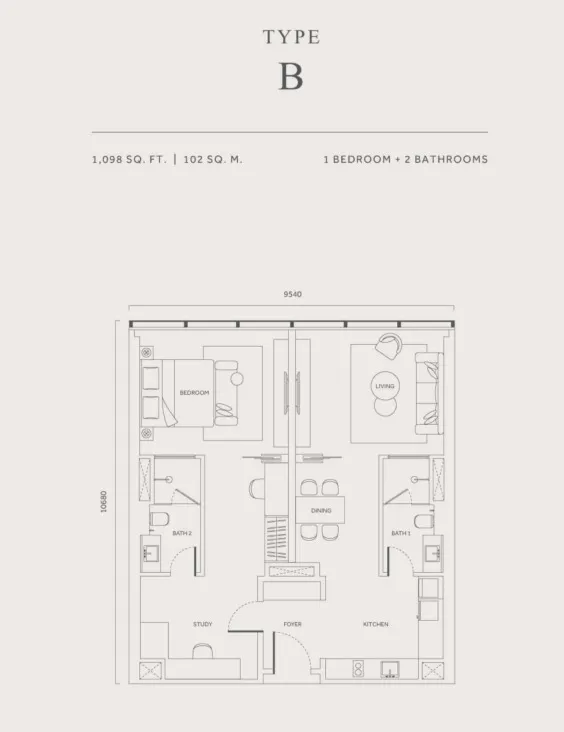 CloutHaus Type B(Dual Key) floor plan, about 1098 sq ft, 1 bedroom, 2 bathrooms
