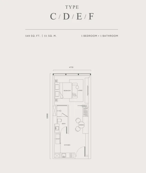 CloutHaus Type C floor plan, about 549 sq ft, 1 bedroom, 1 bathroom