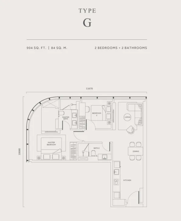 CloutHaus Type G floor plan, about 904 sq ft, 2 bedrooms, 2 bathrooms