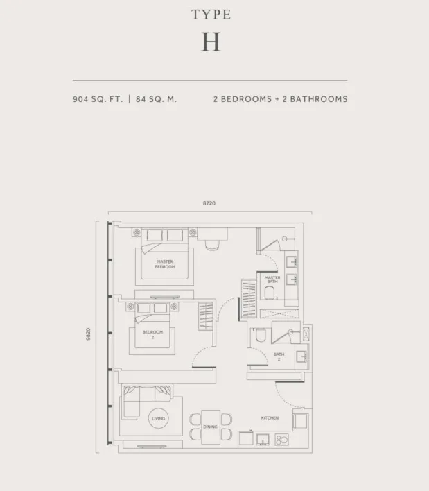 CloutHaus Type H floor plan, about 904 sq ft, 2 bedrooms, 2 bathrooms
