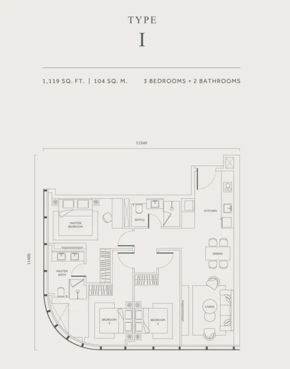 CloutHaus Type I floor plan, about 1119 sq ft, 3 bedrooms, 2 bathrooms