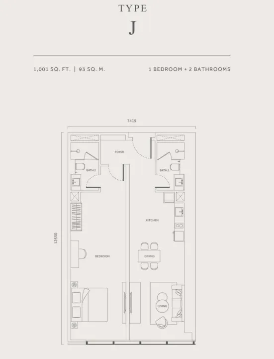 CloutHaus Type J(Dual Key) floor plan, about 1001 sq ft, 1 bedroom, 2 bathrooms