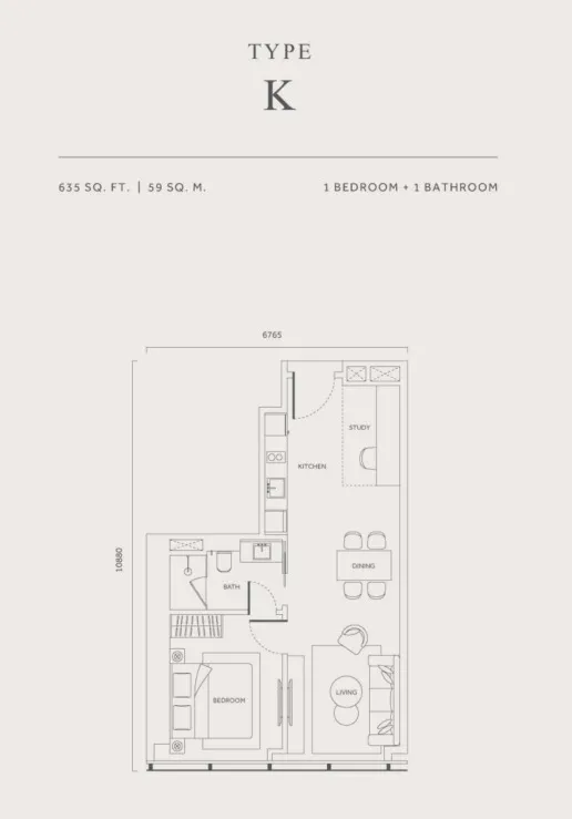 CloutHaus Type K floor plan, about 635 sq ft, 1 bedroom, 1 bathroom