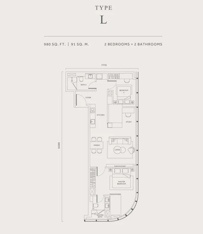 CloutHaus Type L floor plan, about 980 sq ft, 2 bedrooms, 2 bathrooms
