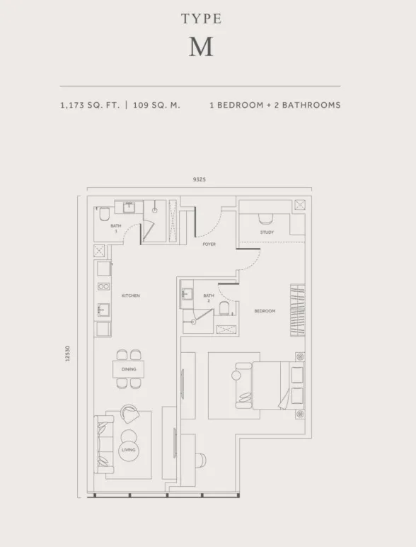 CloutHaus Type M(Dual Key) floor plan, about 1173 sq ft, 1 bedroom, 2 bathrooms