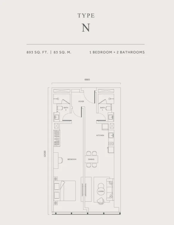 CloutHaus Type N(Dual Key) floor plan, about 893 sq ft, 1 bedroom, 2 bathrooms