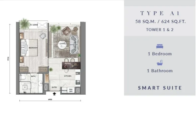 Core Residence @ TRX Type A1 floor plan, about 624 sq ft, 1 bedroom, 1 bathroom