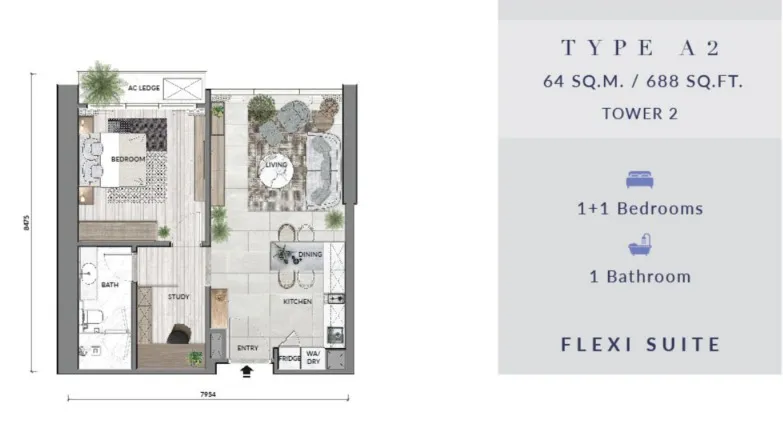 Core Residence @ TRX Type A2 floor plan, about 688 sq ft, 1 bathroom
