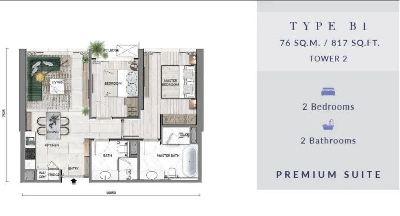 Core Residence @ TRX Type B1 floor plan, about 817 sq ft, 2 bedrooms, 2 bathrooms