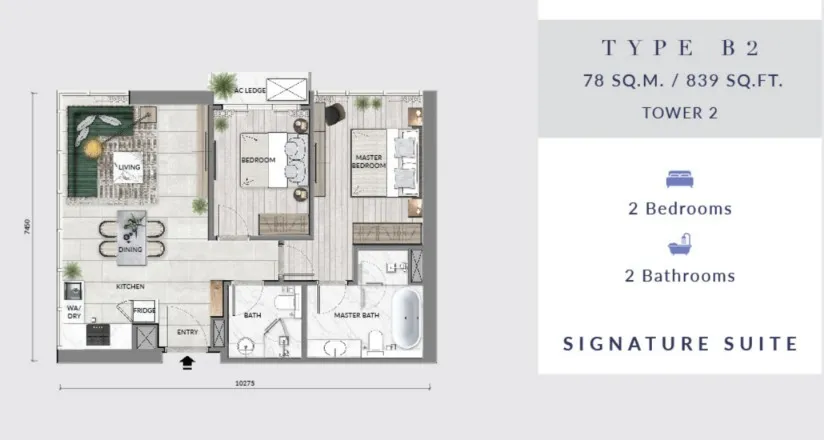 Core Residence @ TRX Type B2 floor plan, about 839 sq ft, 2 bedrooms, 2 bathrooms