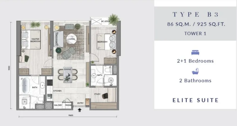 Core Residence @ TRX Type B3 floor plan, about 925 sq ft, 2 bathrooms