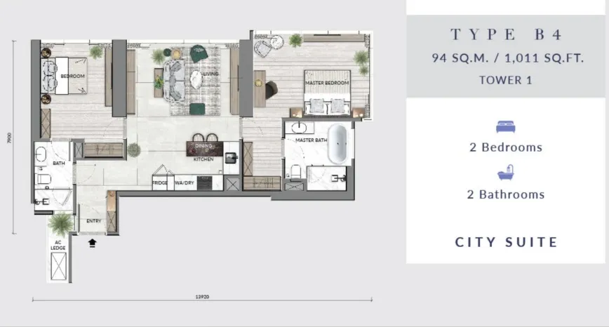 Core Residence @ TRX Type B4 floor plan, about 1011 sq ft, 2 bedrooms, 2 bathrooms