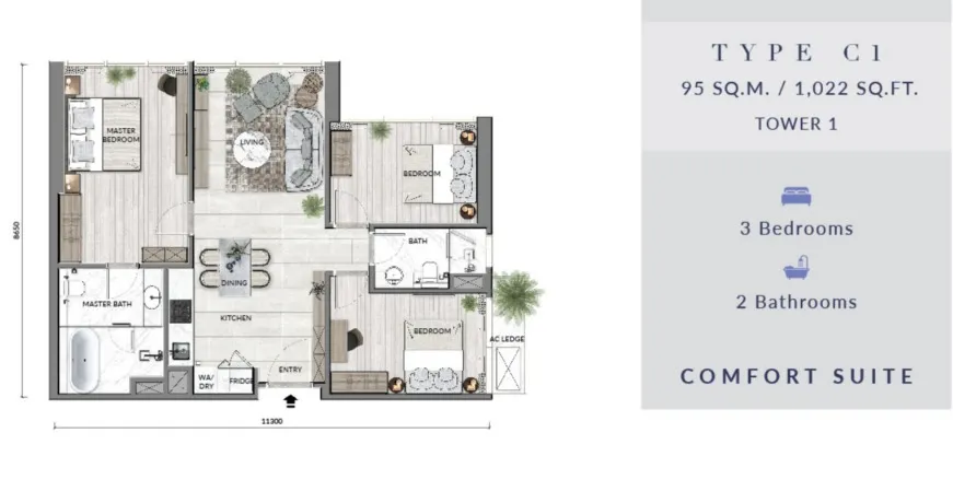 Core Residence @ TRX Type C1 floor plan, about 1022 sq ft, 3 bedrooms, 2 bathrooms