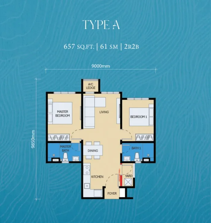 D'Evia Type A floor plan, about 657 sq ft, 2 bedrooms, 2 bathrooms