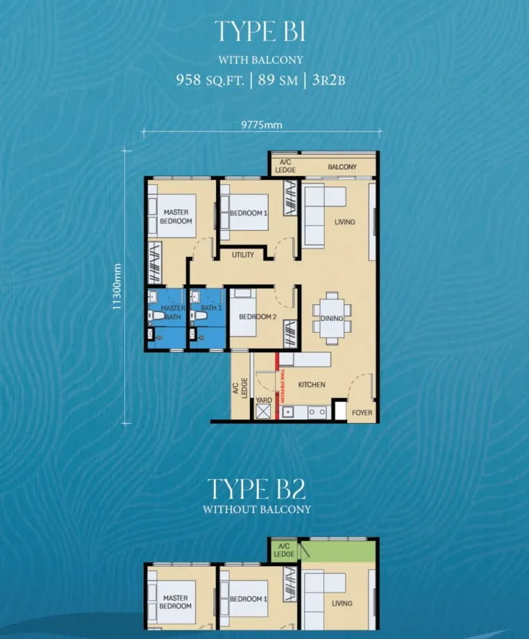 D'Evia Type B1(Balcony) floor plan, about 958 sq ft, 3 bedrooms, 2 bathrooms