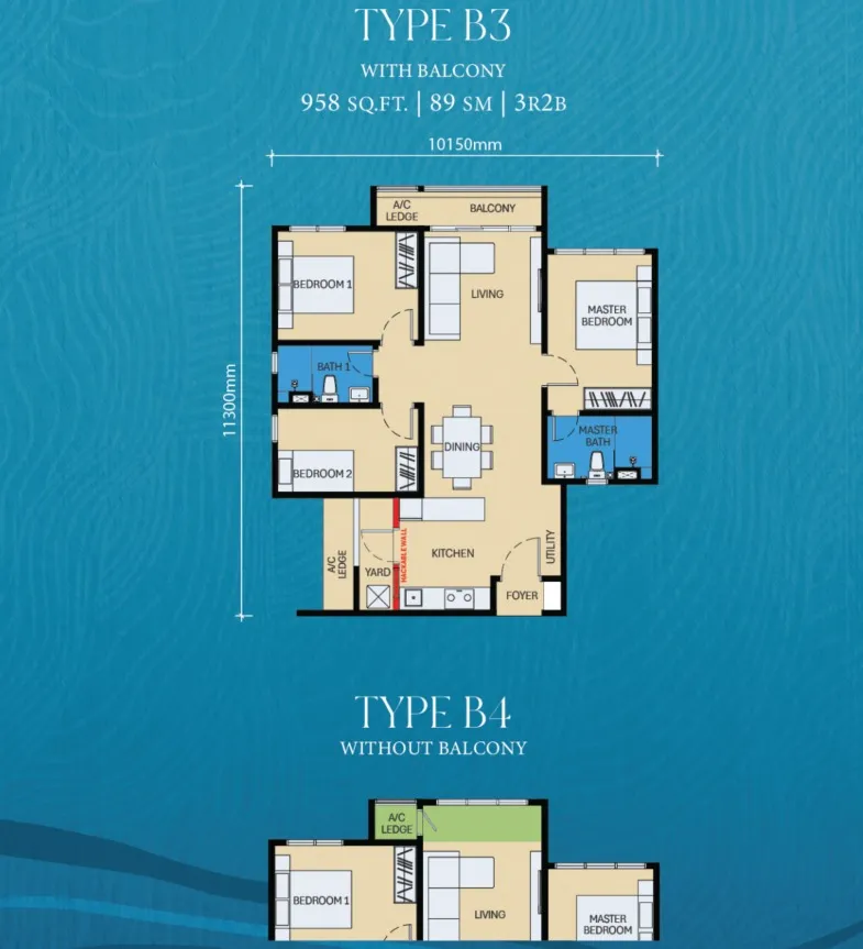 D'Evia Type B3(Balcony) floor plan, about 958 sq ft, 3 bedrooms, 2 bathrooms