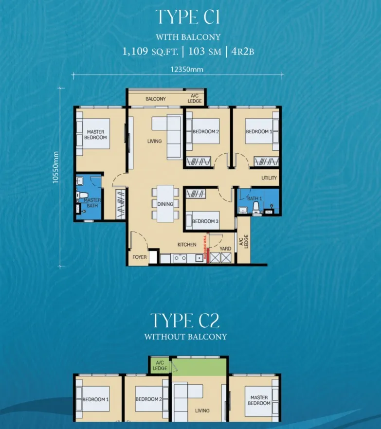D'Evia Type B1(Balcony) floor plan, about 958 sq ft, 3 bedrooms, 2 bathrooms