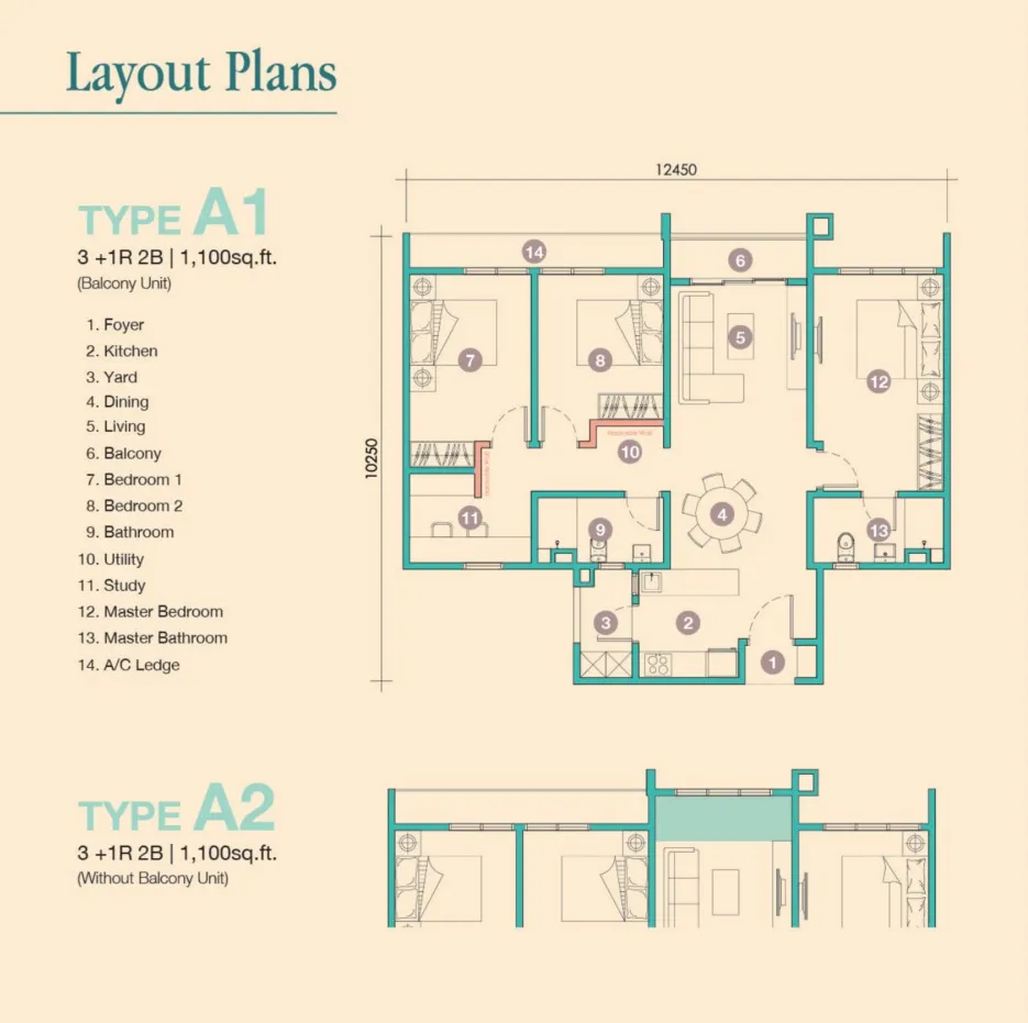 D'Tessera Type A1(Balcony) floor plan, about 1100 sq ft, 2 bathrooms
