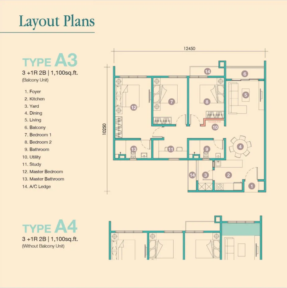 D'Tessera Type A3(Balcony) floor plan, about 1100 sq ft, 2 bathrooms
