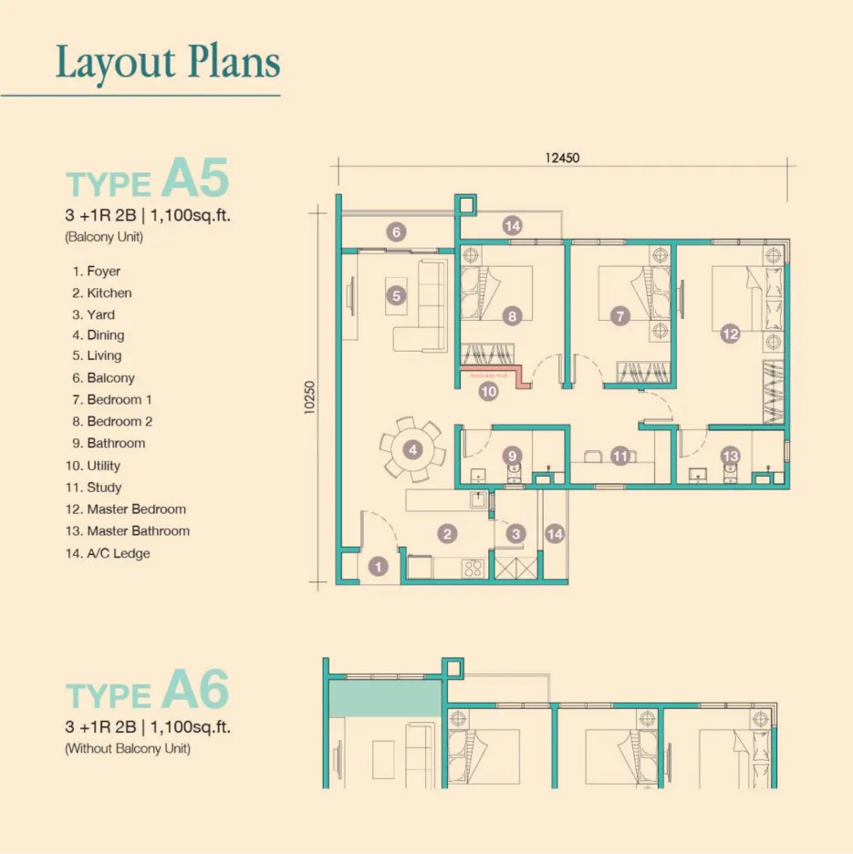 D'Tessera Type A5(Balcony) floor plan, about 1100 sq ft, 2 bathrooms