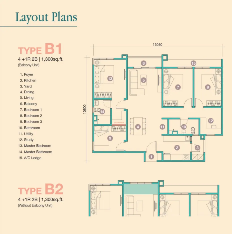 D'Tessera Type B1(Balcony) floor plan, about 1300 sq ft, 2 bathrooms