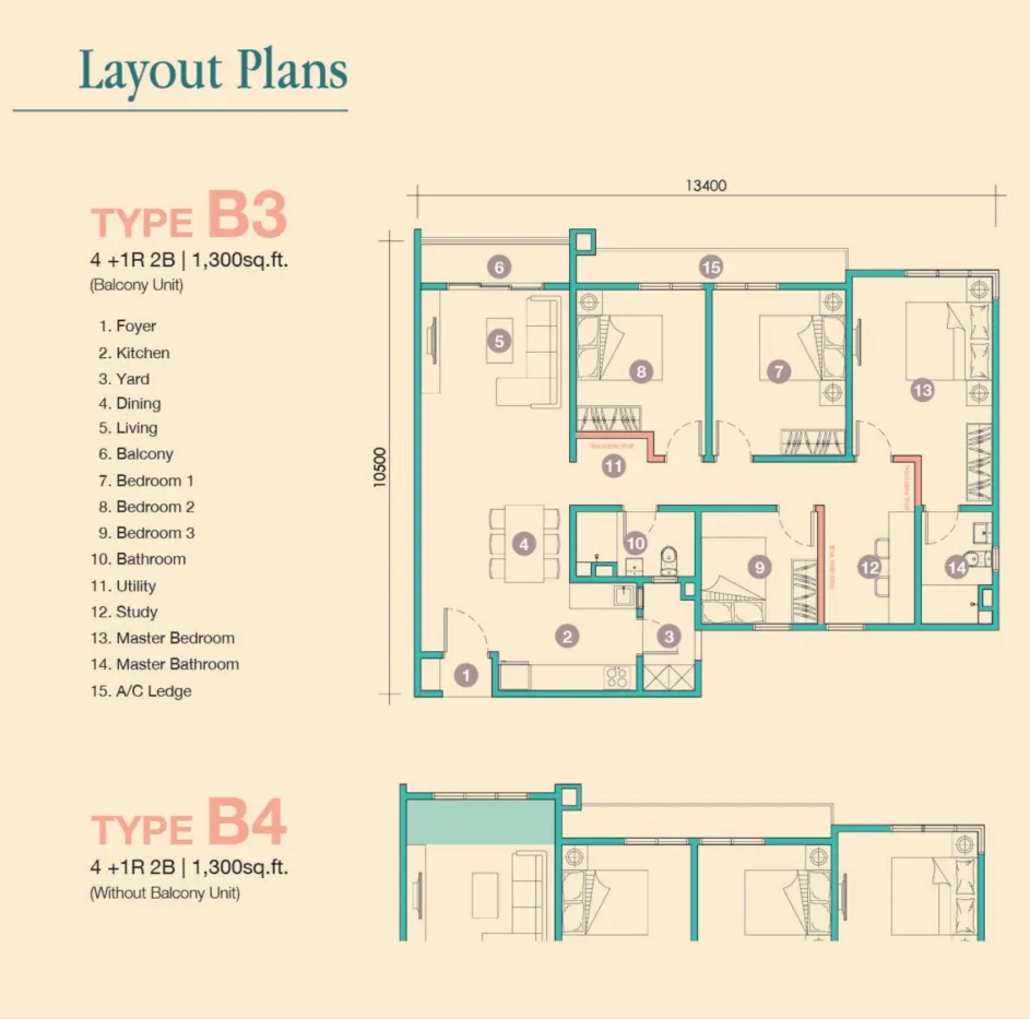 D'Tessera Type B3(Balcony) floor plan, about 1300 sq ft, 2 bathrooms