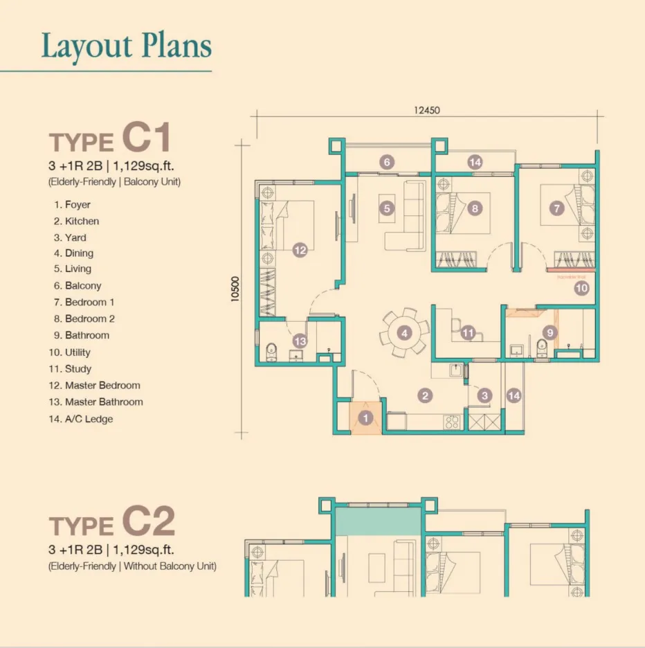 D'Tessera Type C1(Elderly-Friendly, Balcony) floor plan, about 1129 sq ft, 2 bathrooms